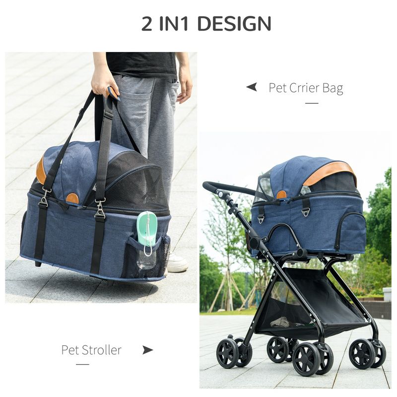 PawHut 2 in1 Foldable Pet Stroller and Detachable Travel Carriage with Lockable Wheels, Adjustable Handlebar Canopy and Zippered Mesh Window, 5 of 10