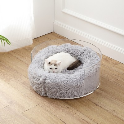 Light Gray Clear Acrylic Elevated Plush Pet Bed for Large Breeds