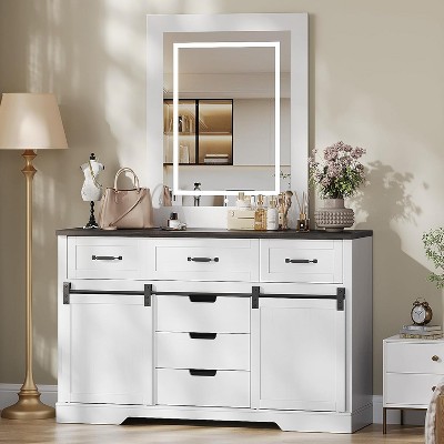 Homhougo 6 Drawer Dresser , Modern Farmhouse Dresser with Sliding Barn Doors, Storage Chest for Bedroom