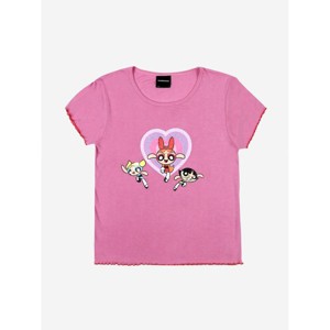 Powerpuff Girls Heart Crew Neck Short Sleeve Pink Women's Lettuce Hem Baby Tee - 1 of 2