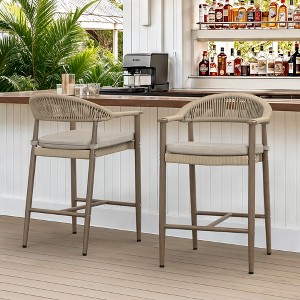 Arceso Bar Stools Set of 2, 24.8'' Aluminum Outdoor Bar Stool with Removable Cushion, Olefin Rope Woven Bar Chairs with Footrest. - 1 of 4