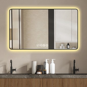 DOMETOUR 48x32 Black Frame Wall Mirror, Rounded Corners, Tri-Color Light, Defogging, Temp Display, HD Tempered Glass, Aluminum Alloy Frame - 1 of 4