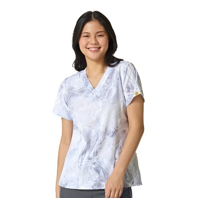 Wink Women's Curved V-neck Print Scrub Top, Cool Marble, M : Target