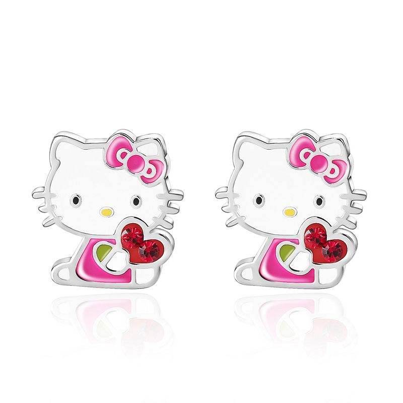 Sanrio Hello Kitty Brass Silver Plated Crystal Enamel Hello Kitty Heart Stud Earrings, Officially Licensed Authentic, 3 of 5