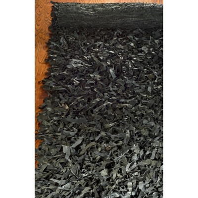 Contemporary Black Leather Hand-Knotted Shag Rug 8' x 10'