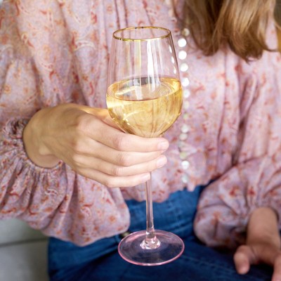 Rose Tinted Crystal White Wine Glasses with Gold Rim, Set of 2