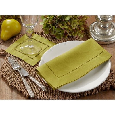 Lime Hemstitched Linen Blend Cocktail Napkins, Set of 12