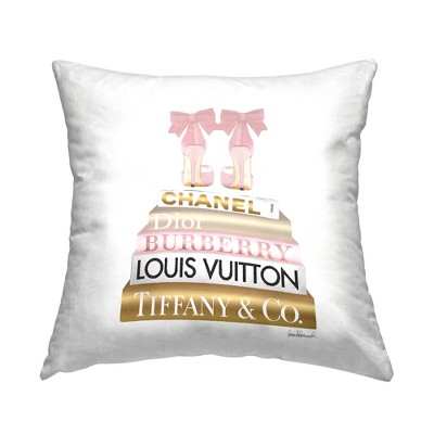 Stupell Industries Pink Gold Heels Bookstack Glam Fashion Design Printed Pillow, 18 x 18