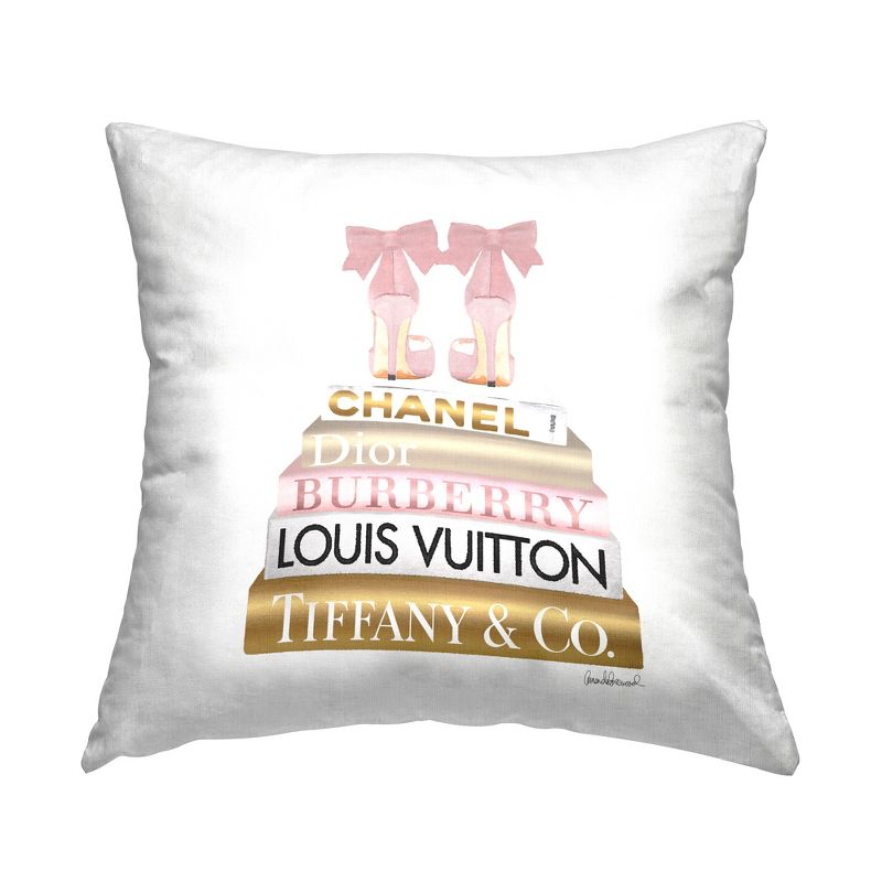 Stupell Industries Pink Gold Heels Bookstack Glam Fashion Design Printed Pillow, 18 x 18, 1 of 3