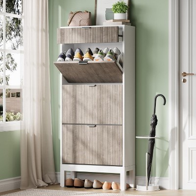Modern Fluted 3 Flip Drawer Shoe Cabient, 55.5'' H Tall Shoe Storage with Drawer, Narrow Wooden Shoe Organizer with Metal Legs, Hidden Shoe Rack