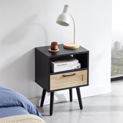 Conner 15.75" Rattan Nightstands with Drawer and Solid Wood Legs, Bedside End Table for Living Room, Bedroom, Indoor Furniture - The Pop Home