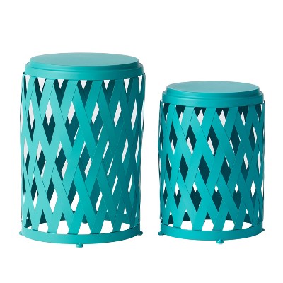 Maggift Patio Side Table Set of 2, Hollow Wrought Iron Patio Coffee Table, Living Room, Patio Decorative Side Table, Blue, 15" * 13.75" * 22.75"