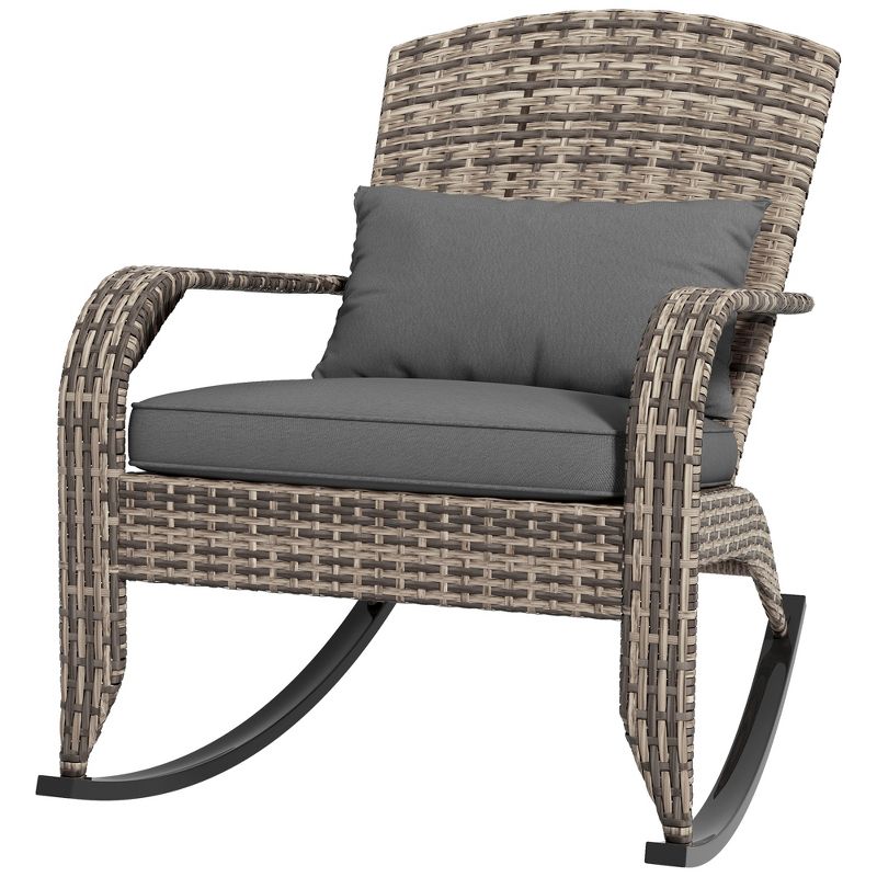 Outsunny Outdoor Wicker Adirondack Rocking Chair, Patio Rattan Rocker Chair with High Back, Seat Cushion and Pillow for Porch, Balcony, 4 of 7
