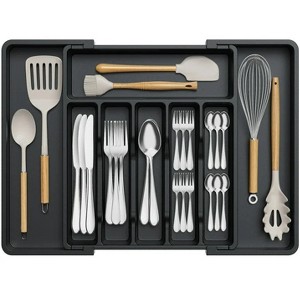 LunaLulinlk Silverware Drawer Organizer Expandable Utensil Tray Adjustable Flatware, Plastic, Black - 1 of 4