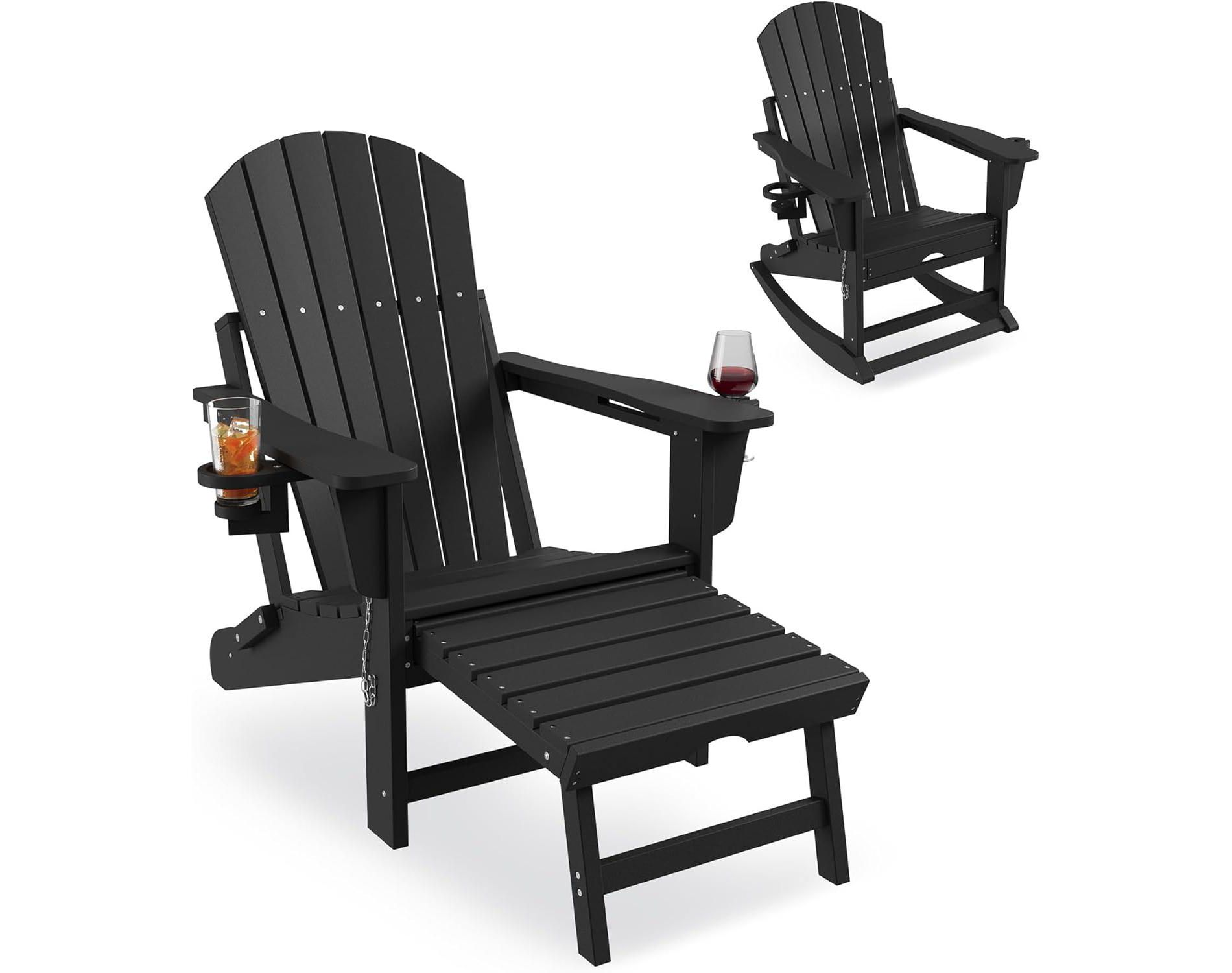 TackView Outdoor Rocking Adirondack Chairs, with Retractable Ottoman and Cup Holder, HDPE All Weather, 400 lbs, 1 Piece, Black