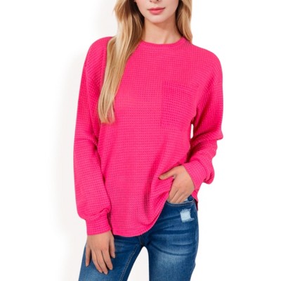 Anna-Kaci Women's Long Sleeve Waffle Knit Top with Front Pocket Detail