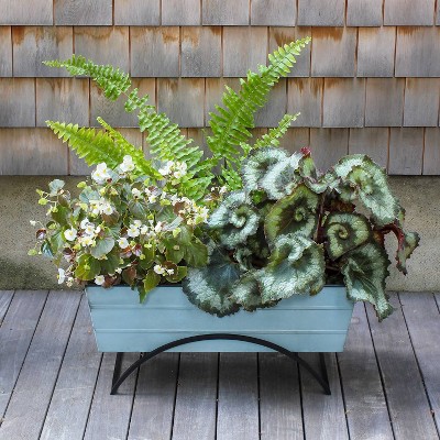 Medium Blue Galvanized Steel Planter Box with Black Iron Stand