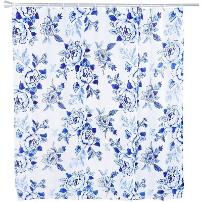 Okuna Outpost Shower Curtain with 12 Hooks, Blue Floral Bath Decor (71 x 71.25 In)