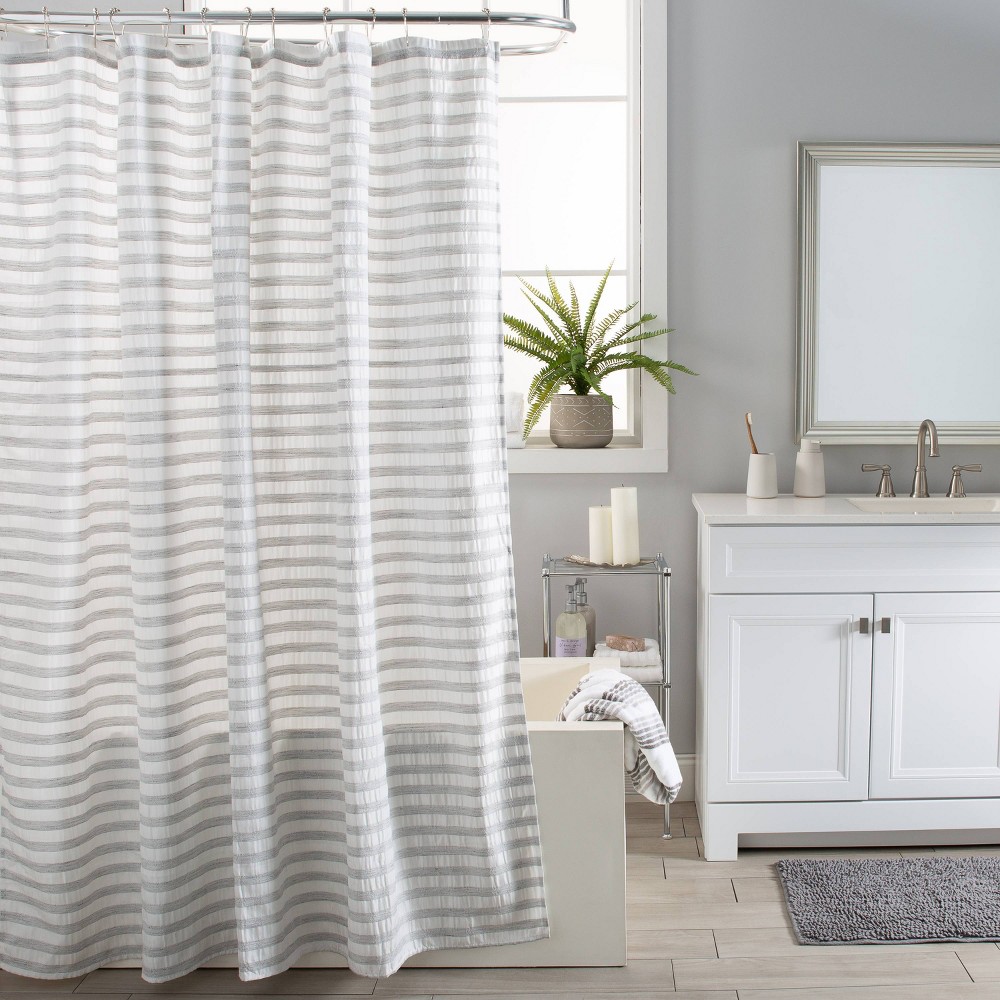 Photos - Shower Curtain Camden Stripe Pucker  Light Gray - Moda at Home