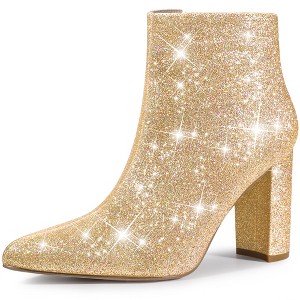 Perphy Women's Glitter Sparkly Pointed Toe Zipper Chunky Heels Ankle Boots - 1 of 4