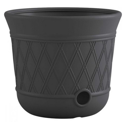 Suncast 14 x 12 Round Resin Decorative Weatherproof Outdoor Hideaway  Standard Garden Hose Storage Pot with Drainage Holes, Gray