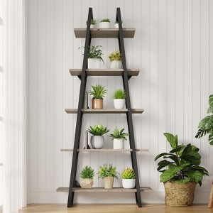 Jojoka 5-Tier Ladder Bookshelf, Tall Rustic Bookcase with Open Display Shelves and Sturdy Metal Frame for Living Room, Home Office, Light Gray - 1 of 4