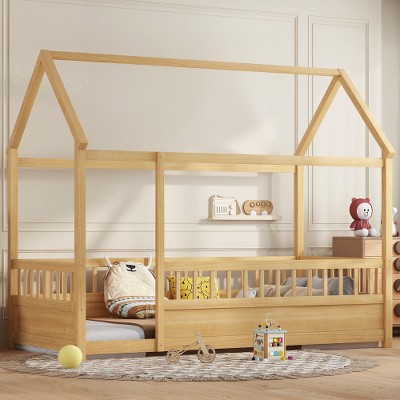 Bellemave Twin Size House Floor Bed with Fence, MDF House Bed Frame with Kid-Friendly Design, Floor Bed for Kids, No Box Spring Needed,Antique Natural