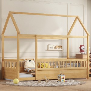 Bellemave Twin Size House Floor Bed with Fence, MDF House Bed Frame with Kid-Friendly Design, Floor Bed for Kids, No Box Spring Needed,Antique Natural - 1 of 4