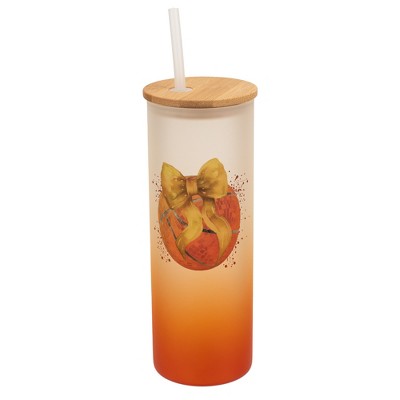 Elanze Designs 25 Ounce Frosted Glass Gradient Travel Tumbler With Straw and Wooden Lid, Basketball Red Paint Splatter Orange