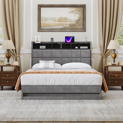 VECELO Full Size Upholstered Storage Bed, Metal Frame Platform Bed with Lighted Headboard, USB Ports and Shelves, Gray