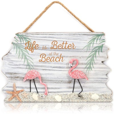Juvale Tropical Flamingo and Beach Scene Wooden Hanging Wall Decoration