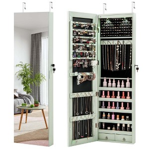 Costway Mirrored Wall & Door Mounted Jewelry Cabinet Storage Organizer with Lights&Drawer Pink/Black/Brown/Rustic Brown/White/Green - 1 of 4