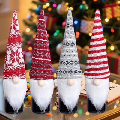 Hachikiko 4 Pcs Christmas Knitted Gnome Wine Bottle Covers - Reusable Polyester Tomte Swedish Gnomes Wine Toppers for Holiday Party