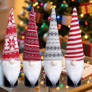 Hachikiko 4 Pcs Christmas Knitted Gnome Wine Bottle Covers - Reusable Polyester Tomte Swedish Gnomes Wine Toppers for Holiday Party - 1 of 4