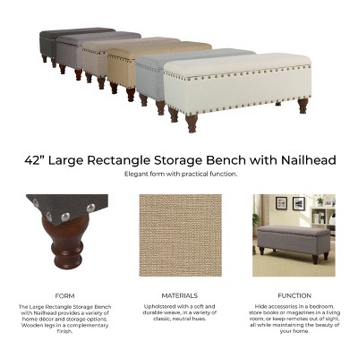 Large Beige Linen Storage Bench with Nailhead Trim