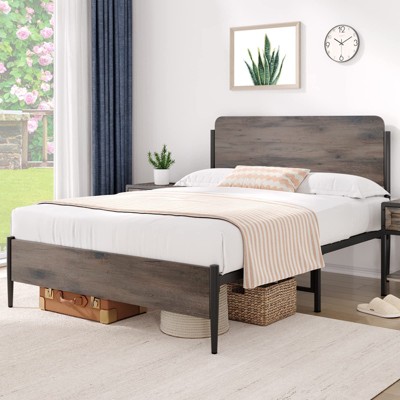 Full Bed Frame with Wooden Headboard and Footboard,Metal Queen Size Bed Frame