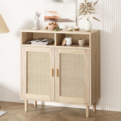 2 Set Rattan Sideboard Buffet Cabinets - 2-Door Storage with Shelf, Modern Dining Room, Living Room, Entryway