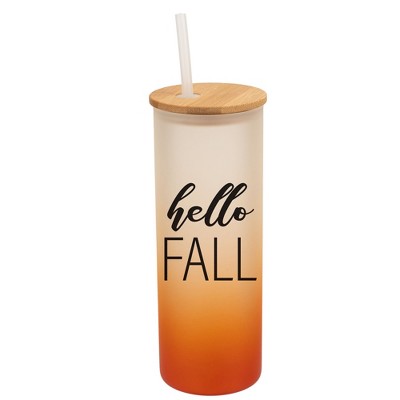 Elanze Designs Hello Fall Autumn Season Wrap-Around Design 25 Ounce Frosted Gradient Glass On-The-Go Coffee Travel Skinny Tumbler Mug Cup, Bamboo Lid
