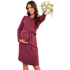 Maternity Sweater Long Sleeve Bodycon Boho Midi Dress Crew Neck Fall Casual Mini Dress Baby Shower Photoshoot Belt - 1 of 4