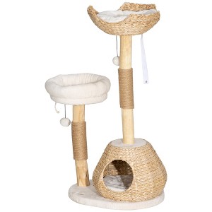 SKYONE 37 Inch Cream White Cat Tree with Solid Wood Scratching Posts, Cattail Bed, Washable - 1 of 4