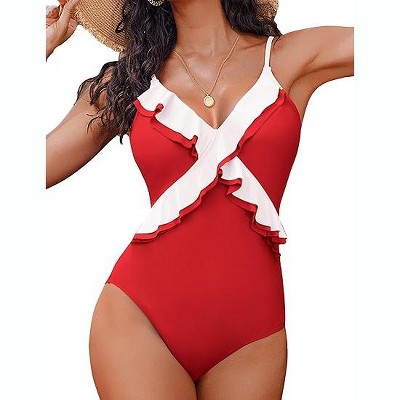 AI'MAGE One Piece Swimsuit for Women Tummy Control Ruffle Bathing Suit V Neck Push Up Swimwear S-XXL