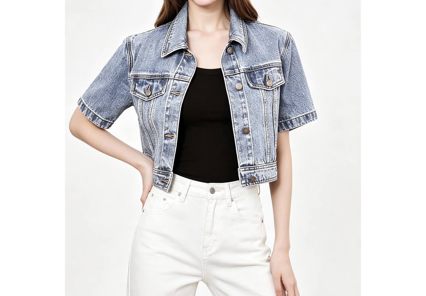 Женская куртка YesFashion Cropped Short Sleeve Denim Jacket Classic Lapel Button Front Chest Pocket Casual Light Wash Outerwear Shrug，ligh blue, цвет: Джинсовый — фото 1