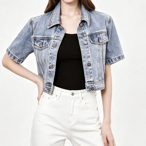 Женская куртка YesFashion Cropped Short Sleeve Denim Jacket Classic Lapel Button Front Chest Pocket Casual Light Wash Outerwear Shrug，ligh blue, XXL, цвет: Джинсовый