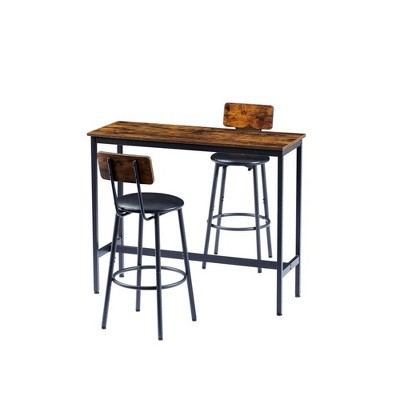 3 Piece Dining Table Set, Bar Table Set With 2 Upholstered Stools, Ring-shaped Footrest, Wooden Backrest, For Living Room Dining Room Kitchen Study