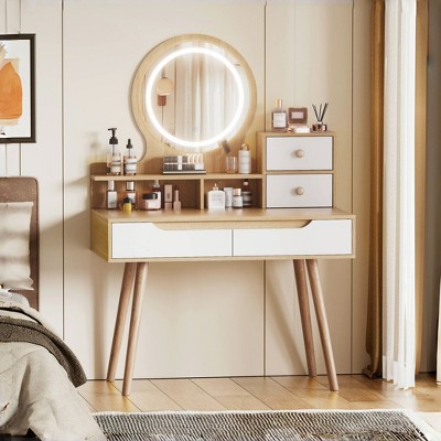 Fashion Vanity Desk, with Mirror, 3 Color Lighting Brightness Adjustable Makeup Lights, Table and Chair