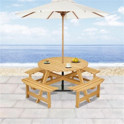 SKRAN 8-Person Wood Outdoor Round Picnic Table Set with 4 Built-in Benches and Umbrella Hole - Perfect for Garden, Backyard, Porch & Patio (Natural)