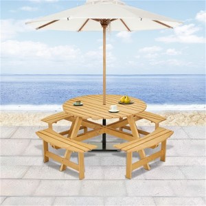 SKRAN 8-Person Wood Outdoor Round Picnic Table Set with 4 Built-in Benches and Umbrella Hole - Perfect for Garden, Backyard, Porch & Patio (Natural) - 1 of 4