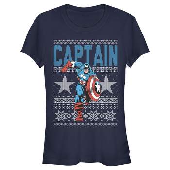 Juniors Womens Marvel Ugly Christmas Captain America Star T-Shirt
