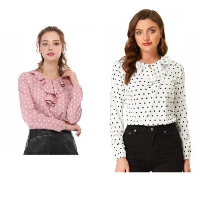 Allegra K Women's 2 Packs 1950s Vintage Ruffle Neck Long Sleeve Dots Chiffon Blouse X-Large Peacock Blue-Dots