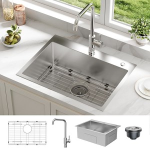 24" x 18" x 9" Drop-In Stainless Steel Single Bowl Kitchen Sink | Modern Top Mount Workstation Sink with Pull-Down Faucet & Accessories - 1 of 4